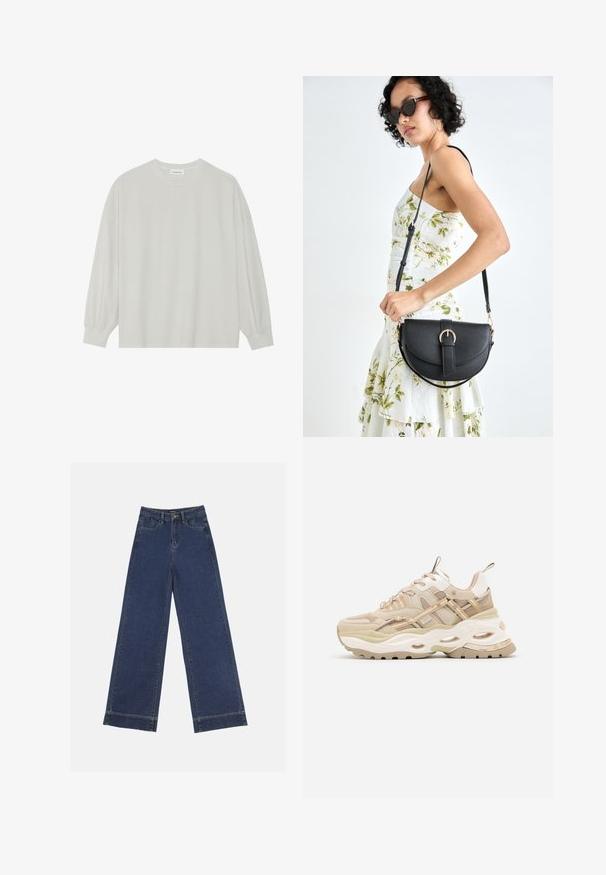 Light gray long-sleeve t-shirt made of soft cotton. Features a loose fit, round neckline, and gently gathered cuffs. No patterns or graphics.; Wide-leg jeans in dark blue denim. Features five pockets, belt loops, and a raw hem at the bottom with visible stitching details.; Beige sneaker with chunky white sole, mesh panels, and thin beige stripes. Features a padded collar and textured accents throughout.; Black leather handbag with a curved shape, detachable strap, and gold hardware. The bag features a flap with a buckle detail.