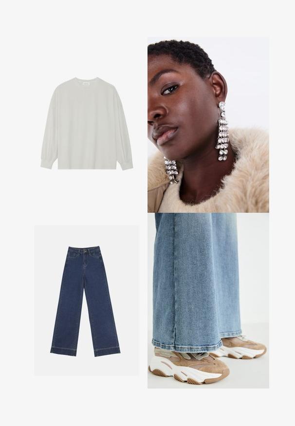 Light gray long-sleeve t-shirt made of soft cotton. Features a loose fit, round neckline, and gently gathered cuffs. No patterns or graphics.; Wide-leg jeans in dark blue denim. Features five pockets, belt loops, and a raw hem at the bottom with visible stitching details.; Steve Madden POSSESSIONE - Trainers - oatmeal; Silver drop earrings with multiple clear rhinestones, featuring a cascading design and textured surfaces, set against a neutral background.