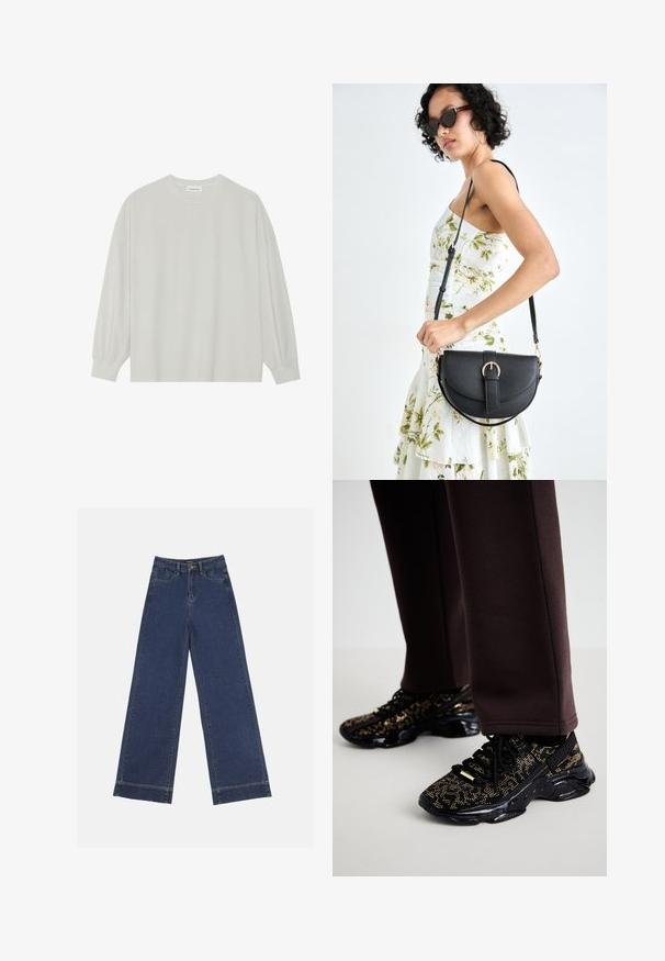 Camiseta de manga larga gris claro hecha de algodón suave. Presenta un corte holgado, cuello redondo y puños ligeramente fruncidos. Sin patrones ni gráficos.; Jeans de pierna ancha en denim azul oscuro. Presenta cinco bolsillos, trabillas para cinturón y un dobladillo sin acabados en la parte inferior con detalles de costura visibles.; Zapatillas negras con motas doradas, superficie texturizada y una suela negra gruesa. Combinadas con pantalones de chándal marrones, que muestran un diseño ajustado.; Bolso de piel negra con forma curva, correa desmontable y herrajes dorados. El bolso cuenta con una solapa con un detalle de hebilla.