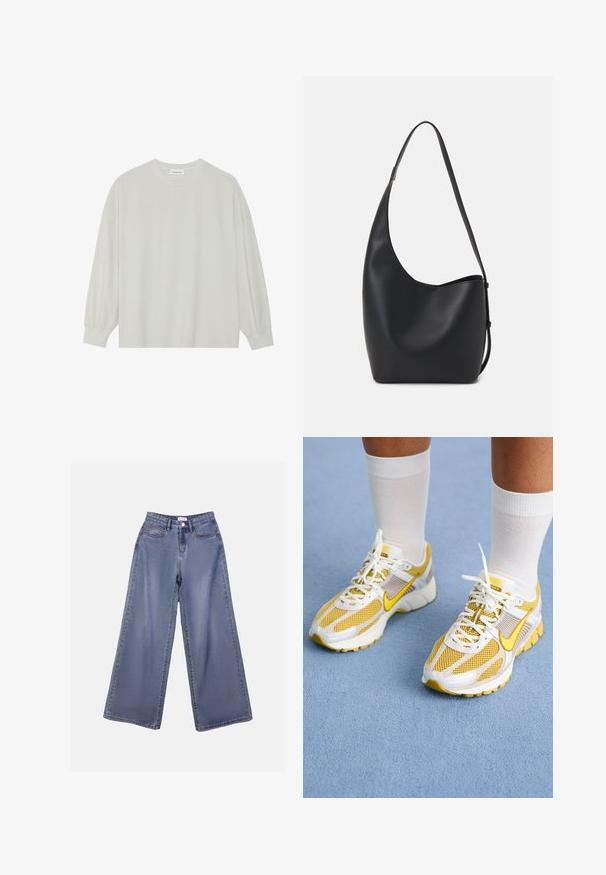 Gaišpelēka garām piedurknēm t-krekls, kas izgatavots no mīkstas kokvilnas. Iezīmē vaļīgu piegriezumu, apaļu kakla izgriezumu un viegli saplacinātas piedurknes. Nav rakstu vai grafikas.; Platas kājas denima bikses gaiši zils mazgājumā, ar augstu jostasvietu, priekšējām kabatām un pogu aizdari ar jostas cilpiņām.; Dzelteni un balti sporta apavi ar sietu un sintētisku materiālu, ar auklām, mīkstinātu zoli un izteiksmīgu sānu zīmola apzīmējumu.; Melnas ādas hobo soma ar gludu tekstūru, izliekta forma un vienu regulējamu jostu; augšā ir plaša atvere.