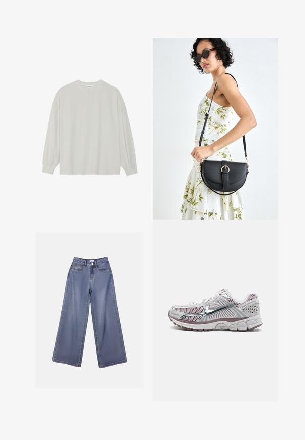 Camisola de manga longa cinza clara, feita de algodão suave. Apresenta um corte solto, decote redondo e punhos ligeiramente franzidos. Sem padrões nem gráficos.; Calças de ganga de perna larga numa lavagem azul clara, com uma cintura alta, bolsos frontais e fecho de botão com passadores para cinto.; Sapatilha desportiva Nike com parte superior em malha branca com detalhes em prata, pormenores em rosa e uma sola espessa, acolchoada e texturizada.; Bolsa de couro preta com forma curva, alça destacável e detalhes em dourado. A bolsa possui uma aba com detalhe de fivela.