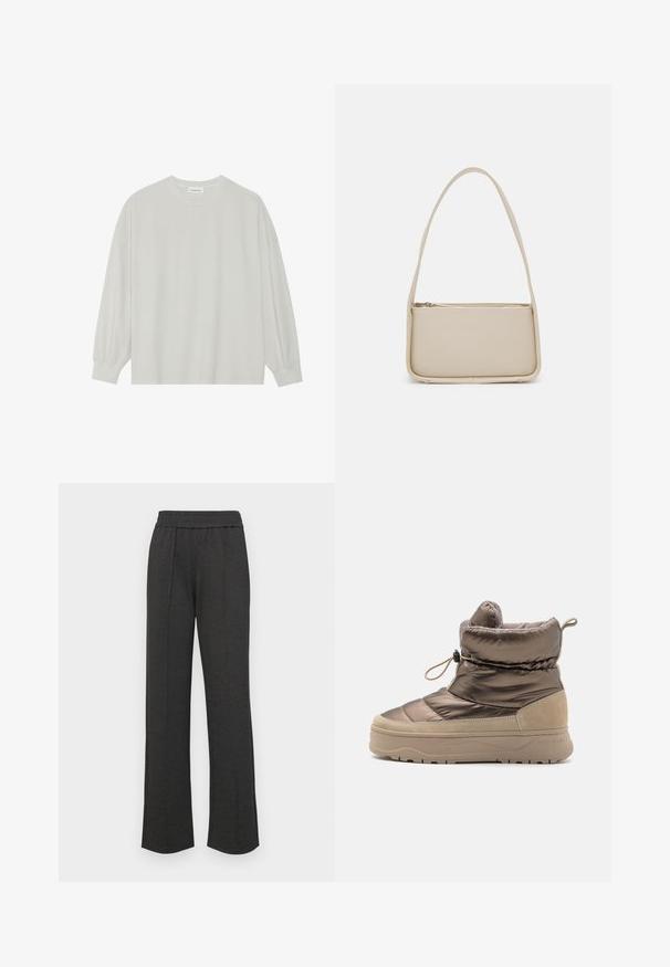 Gaišpelēka garām piedurknēm t-krekls, kas izgatavots no mīkstas kokvilnas. Iezīmē vaļīgu piegriezumu, apaļu kakla izgriezumu un viegli saplacinātas piedurknes. Nav rakstu vai grafikas.; Melni taisni bikses ar elastīgu jostu, priekšējiem krokām, mīkstu audumu un bez redzamām rakstu vai aparatūras detaļām.; Piepūsts potītes zābaks ar spīdīgu brūnu sintētisku augšdaļu, zamšādas akcentiem, noapaļotu purngalu un teksturētu bēšīgu zoli ar cilpu.; Even&Odd Rokassoma - off white