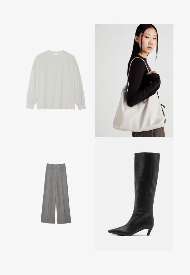 Jasnoszara, długorękawowa koszulka z miękkiej bawełny. Posiada luźny krój, okrągły dekolt oraz delikatnie marszczone mankiety. Brak wzorów i grafik.; Szare spodnie z szerokimi nogawkami wykonane z fakturowanej tkaniny. Zawierają plisowania biegnące z przodu, pasek w talii oraz brak widocznych zapięć.; RAID FLAURA czarny; Beżowa torebka wykonana z miękkiego materiału, charakteryzująca się luźnym fasonem, wyszywanymi detalami i dwoma uchwytami na ramię. Idealna na co dzień.