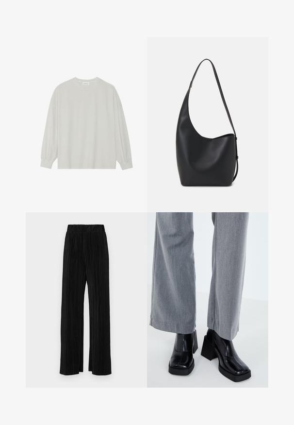 Gaišpelēka garām piedurknēm t-krekls, kas izgatavots no mīkstas kokvilnas. Iezīmē vaļīgu piegriezumu, apaļu kakla izgriezumu un viegli saplacinātas piedurknes. Nav rakstu vai grafikas.; Melni plīšu bikses ar elastīgu jostu. Tām ir platākas kājas un gluda, teksturēta auduma ar vertikālām svītrām.; Melni papēžu zābaki ar kvadrātveida purngalu, gluda ādas apdare un masīva platforma. Apvienoti ar gaiši pelēkiem, platmalu biksēm.; Melnas ādas hobo soma ar gludu tekstūru, izliekta forma un vienu regulējamu jostu; augšā ir plaša atvere.