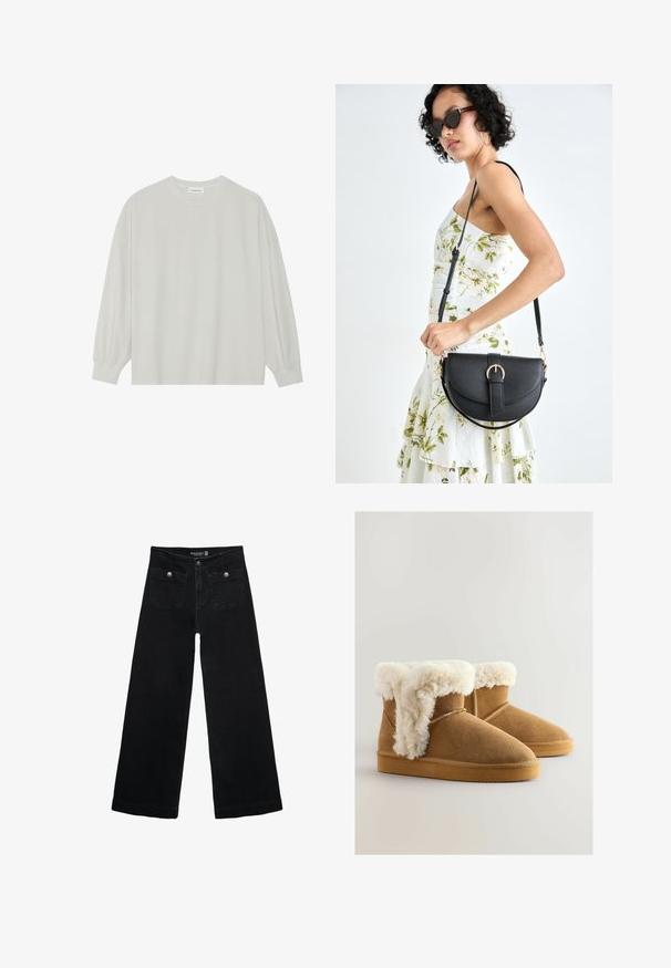 Lys grå langærmet t-shirt lavet af blød bomuld. Har en løs pasform, rund halsudskæring og let indsamlede manchetter. Ingen mønstre eller grafikker.; Sorte vidde jeans med høj talje, der har to forlommer og metalknapdetaljer. Stoffet har en glat tekstur.; Brune ruskinds ankelstøvler med en fluffy, hvid fake fur-kant, rund tå og flad gummisål. Syninger langs siderne.; Sort læderhåndtaske med en buet form, aftagelig rem og guldfinish. Tasken har en klap med en spænde detalje.