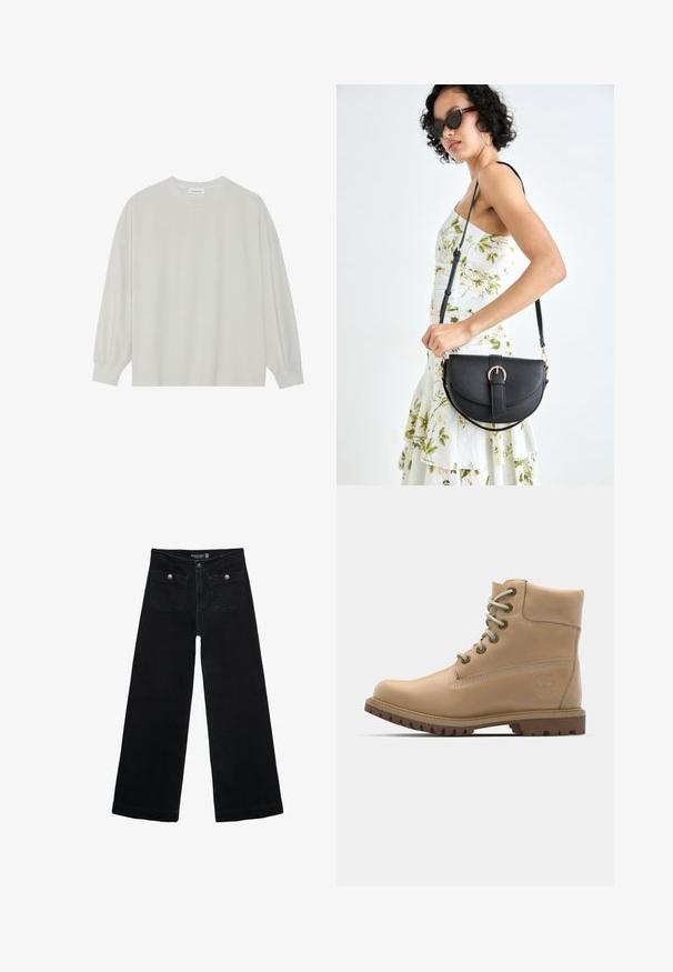 Svetlo siva majica s dugim rukavima izrađena od mekog pamuka. Ima slobodan kroj, okrugli izrez i blago nabrane manžetne. Bez uzoraka ili grafike.; Črne široke kavbojke z visokim pasom, ki imajo dva sprednja žepa in kovinske gumbi. Tkanina ima gladko teksturo.; Beige usnjeni gleženjski čevlj s zaobljenim nosom, bež vezalkami in trdim podplatom. Ima stranske šive in okrogel logotip na peti.; Črna usnjena torbica s ukrivljeno obliko, z odstranljivo naramnico in zlatimi dodatki. Torbica ima pokrov s podrobnostmi v obliki zaponke.