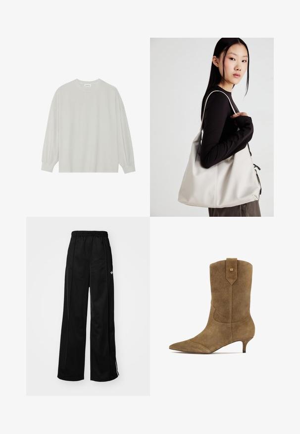 T-shirt à manches longues gris clair en coton doux. Présente une coupe ample, un col rond et des poignets légèrement froncés. Aucun motif ni graphique.; Pantalons de survêtement larges noirs avec une taille élastique, ornés de bandes latérales blanches et d'un petit logo sur la hanche gauche. Texture de tissu lisse.; Bottine en daim marron avec un bout pointu et un petit talon. Présente des coutures décoratives et une languette à l'arrière pour un enfilage facile.; Sac à main beige en matériau souple, avec un design décontracté, des détails cousus et deux poignées. Idéal pour un usage quotidien.