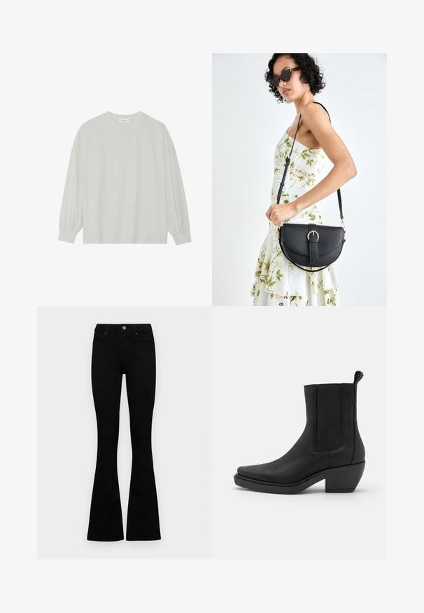 Svetlo siva majica s dugim rukavima izrađena od mekog pamuka. Ima slobodan kroj, okrugli izrez i blago nabrane manžetne. Bez uzoraka ili grafike.; Črne visokotopne kavbojke z gumbom in zadrgo, sprednjimi žepi in razširjenimi hlačnicami, poleg bel background.; Črne usnjene gležnjarje z elastičnimi stranskimi ploščicami, koničastim prstom in debelim peto. Tekstudirana površina s spolirano obdelavo.; Črna usnjena torbica s ukrivljeno obliko, z odstranljivo naramnico in zlatimi dodatki. Torbica ima pokrov s podrobnostmi v obliki zaponke.