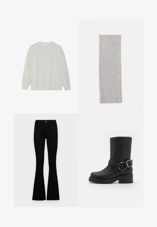 Helles graues Langarm-T-Shirt aus weicher Baumwolle. Mit lockerer Passform, Rundhalsausschnitt und sanft gerafften Bündchen. Keine Muster oder Grafiken.; Schwarze hochtaillierte Jeans mit einem Knopf- und Reißverschluss, Fronttaschen und ausgestellten Beinen, flach auf einem weißen Hintergrund ausgelegt.; Schwarze Lederstiefelette mit runder Zehenpartie, dickem Absatz und einem dekorativen Riemen mit Schnalle um den Knöchel. Strukturiertes Finish.; Grau gestrickter Schal mit glatter Textur, länglich-rechteckiger Form und sauberen Kanten, entworfen für Wärme und Komfort.; Schwarze Laptoptasche aus Leder mit glatter Textur, rechteckiger Form und zwei langen Griffen. Keine sichtbaren Beschläge oder Verzierungen.