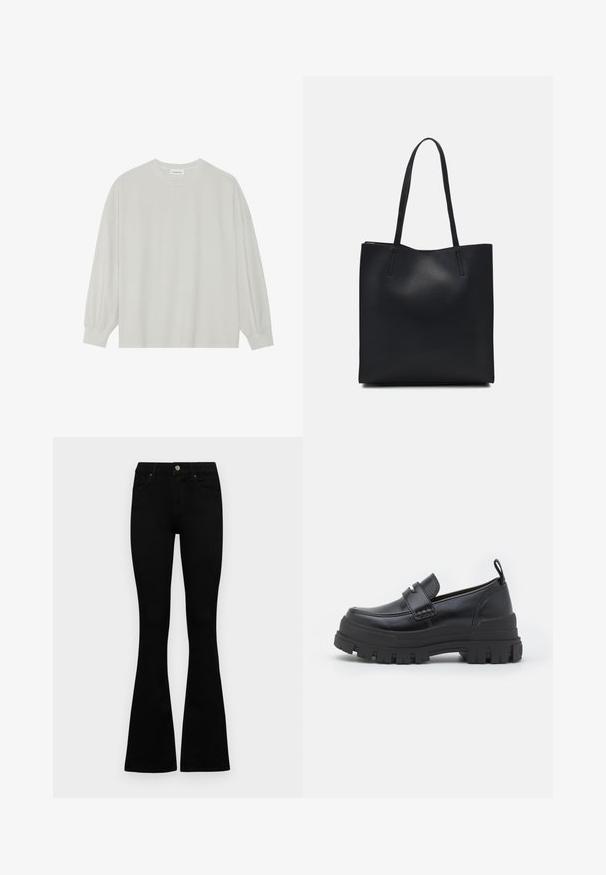 Lichtgrijze langarm t-shirt van zacht katoen. Heeft een losse pasvorm, ronde halslijn en zachtGathered manchetten. Geen patronen of graphics.; Zwarte hoge taille jeans met een knoop- en ritssluiting, voorzakken en een flared pijp, plat gelegd op een witte achtergrond.; Zwarte leren instapschoen met een stevige zwarte rubberen zool. Beschikt over een brede band aan de voorkant en een gestikte ontwerp rond de teen.; Zwarte leren handtas met een gladde textuur, rechthoekige vorm en twee lange handvaten. Geen zichtbare hardware of versieringen.