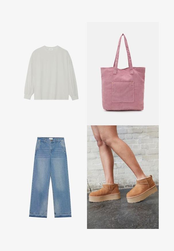 Gaišpelēka garām piedurknēm t-krekls, kas izgatavots no mīkstas kokvilnas. Iezīmē vaļīgu piegriezumu, apaļu kakla izgriezumu un viegli saplacinātas piedurknes. Nav rakstu vai grafikas.; Gaiši zila augsta jostasvieta plaša ar biksēm ar pogu aizdari, priekšējām kabatām, jostas cilpiņām un vieglu izbalējušu apdari.; Brūni zamšāda potītes zābaki ar mīkstu oderi, biezu bēša krāsas platformas zoli un aizmugurē esošu cilpu. Tekstūrēta virsma ar redzamām šuvēm.; Rozā korduroja iepirkumu soma ar divām garām rokturiem, ar priekšu kabatu un smalku ribotu tekstūru. Gluda iekšpuse.