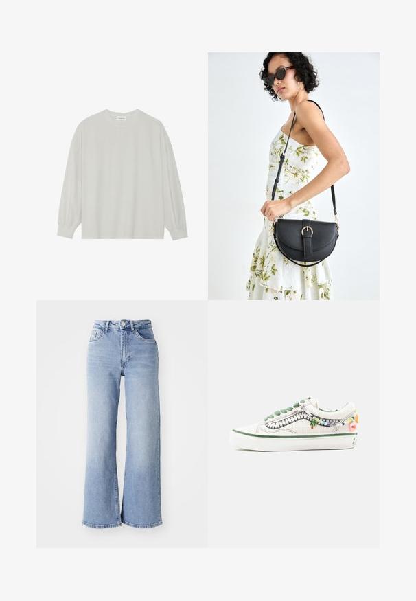 Lichtgrijze langarm t-shirt van zacht katoen. Heeft een losse pasvorm, ronde halslijn en zachtGathered manchetten. Geen patronen of graphics.; Lichtblauwe hoge taille wijde pijpen jeans met voor- en achterzakken, knoopsluiting en subtiele vervagingen op de dijen en zomen.; Witte canvas sneakers met groene accenten en decoratieve bedels, voorzien van een gestructureerd oppervlak, een afgeronde neus en een dikke witte zool.; Zwarte leren handtas met een gebogen vorm, afneembare schouderband en gouden hardware. De tas heeft een klep met een gespsluiting.