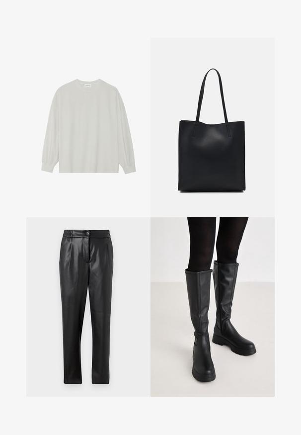 Šviesiai pilkas ilgomis rankovėmis marškinėliai, pagaminti iš minkštos medvilnės. Sukurtas laisvam prigludimui, apvaliu iškirpimu ir švelniai susigūžusiomis rankovėmis. Be raštų ar piešinių.; Juodos odinės kelnės su lygiu paviršiumi, tiesiu siluetu, elastinga juosta ir priekyje uždaroma mygtuku; raukiniai ir siaurėjantys kelnių šlaunys.; Even&Odd Batai su platforma - black; Juodas odinis tote krepšys su lygia tekstūra, stačiakampio formos ir dviem ilgais rankenomis. Matomų metalinių detalių ar puošybos nėra.