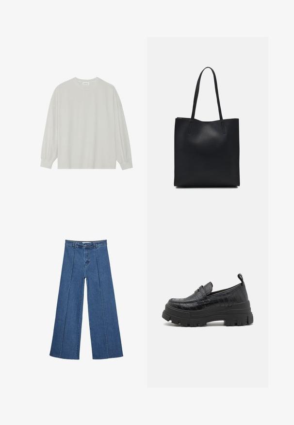 Svetlo siva majica s dugim rukavima izrađena od mekog pamuka. Ima slobodan kroj, okrugli izrez i blago nabrane manžetne. Bez uzoraka ili grafike.; Jeans širokih nogavic v srednji modri barvi, z visokim pasom, gumbom in kontrastnimi navpičnimi šivi spredaj.; Buffalo ASPHA LOAFER - Čevlji brez vezalk - black; Črna usnjena torba s svilnato teksturo, pravokotne oblike in dvema dolgima ročajema. Brez vidnih metalnih delov ali okrasnih elementov.