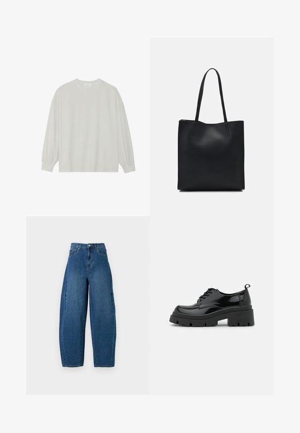 Light gray long-sleeve t-shirt made of soft cotton. Features a loose fit, round neckline, and gently gathered cuffs. No patterns or graphics.; Denim jeans in a medium blue wash, featuring a high waist, wide leg cut, and standard five-pocket design with visible stitching details.; Black patent leather shoes with a chunky platform sole and thick laces. Rounded toe, minimal detailing, and a small heel tab at the back.; Black leather tote bag with smooth texture, rectangular shape, and two long handles. No visible hardware or embellishments.