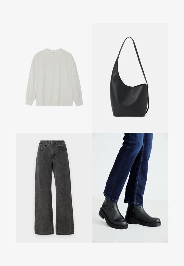 Camisola de manga longa cinza clara, feita de algodão suave. Apresenta um corte solto, decote redondo e punhos ligeiramente franzidos. Sem padrões nem gráficos.; Jeans de perna larga em denim cinza escuro com uma textura ligeiramente desbotada, apresentando bolsos frontais e um fecho de botão clássico na cintura.; Botas de tornozelo de couro preto com sola grossa e painéis elásticos laterais, combinadas com jeans azul escuro. O chão é de cor clara.; Saco hobo preto em pele com uma textura lisa, forma curva e uma única alça ajustável; apresenta uma abertura larga na parte de cima.