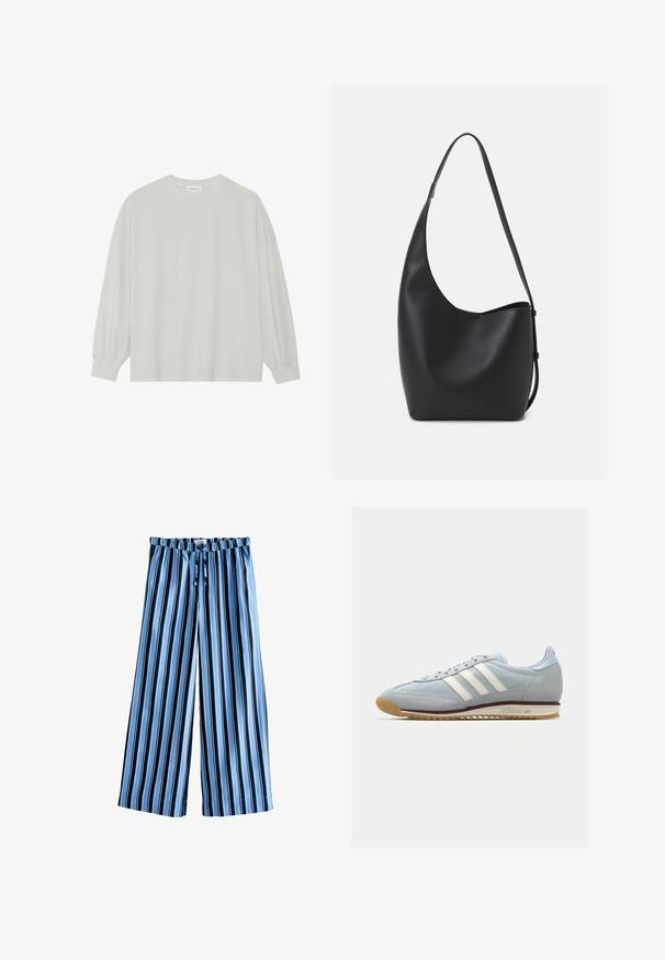 T-shirt a maniche lunghe grigio chiaro realizzato in cotone morbido. Presenta una vestibilità ampia, scollatura rotonda e polsini delicatamente arricciati. Nessun motivo o grafica.; Pantaloni a gamba larga a righe in azzurro chiaro e navy, con vita regolabile, tessuto morbido e silhouette ampia per garantire comfort.; Sneaker in suede bluastro con tre strisce bianche, suola in gomma e tessuto a rete testurizzato. Presenta un copri punta liscio e un marchio sul tallone.; Borsa hobo nera in pelle con una superficie liscia, forma curvata e una singola tracolla regolabile; presenta un'ampia apertura nella parte superiore.