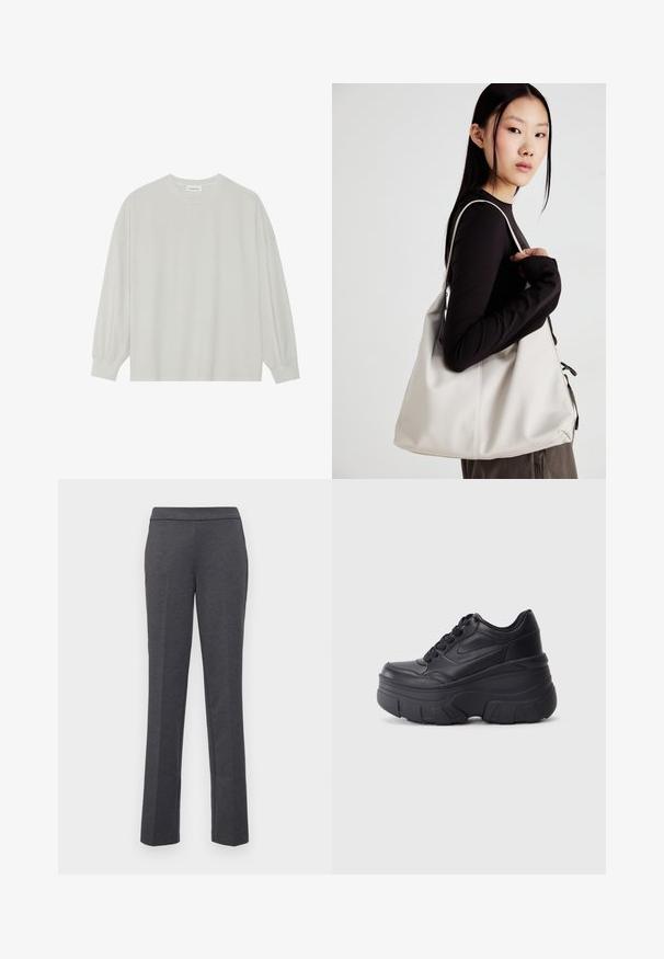 Camisola de manga longa cinza clara, feita de algodão suave. Apresenta um corte solto, decote redondo e punhos ligeiramente franzidos. Sem padrões nem gráficos.; Calças cinzas com um design de perna reta, textura suave e um cós largo. Apresentam bolsos laterais para maior praticidade.; Ténis pretos com atacadores e sola robusta, apresentando um cabedal em couro liso, bico arredondado e um design de plataforma em camadas distinto.; Uma bolsa bege feita de material macio, com um design descontraído, detalhes de costura e duas alças para o ombro. Adequada para uso diário.