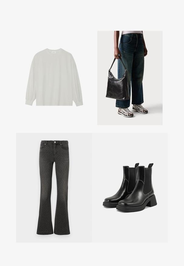 Light gray long-sleeve t-shirt made of soft cotton. Features a loose fit, round neckline, and gently gathered cuffs. No patterns or graphics.; Black flared jeans made of denim, featuring all-over white studs. High-rise waist with standard five-pocket styling and zipper fly.; Black leather Chelsea boots with a chunky heel, elastic side panels, and contrasting white stitching. Textured finish.; Black leather shoulder bag with a smooth texture and adjustable strap, paired with faded wide-leg jeans and athletic sneakers.