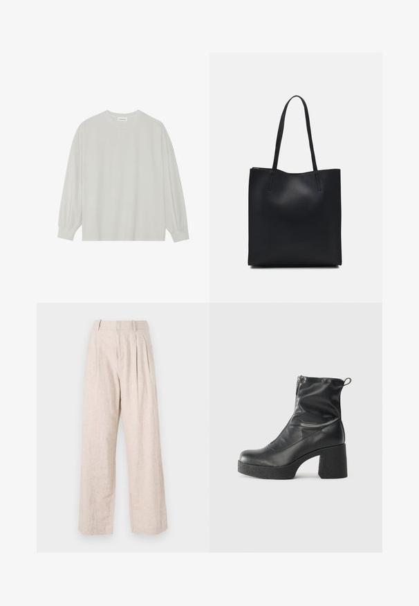 Světle šedé tričko s dlouhým rukávem vyrobené z měkké bavlny. Má volný střih, kulatý výstřih a jemně nařasené manžety. Bez vzorů nebo grafik.; Světlé béžové lněné kalhoty s volným střihem, které mají přední záševky a rovné nohavice. Minimalistický styl a texturovaná tkanina.; Černé kotníkové boty vyrobené z hladké kůže, s bočním zipem, robustním strukturovaným podpatkem a kulatou špičkou.; Černá kožená taška přes rameno s hladkým povrchem, obdélníkovým tvarem a dvěma dlouhými uchy. Žádné viditelné kování ani ozdoby.