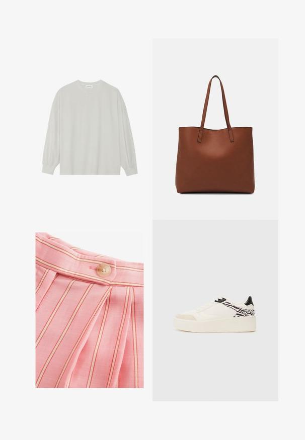 Lichtgrijze langarm t-shirt van zacht katoen. Heeft een losse pasvorm, ronde halslijn en zachtGathered manchetten. Geen patronen of graphics.; Lichtroze stof met verticale rode strepen, ontspannen plooien en een ronde knoopsluiting bij de tailleband. Smooth textuur.; Even&Odd Sneakers laag - white/black; Bruine leren tote bag met een gladde textuur, een ontwerp met een open bovenkant en twee schouderbanden. Kenmerkt zich door minimale stiksels en geen zichtbare hardware.