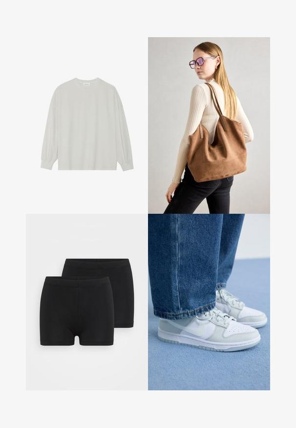 Camisola de manga longa cinza clara, feita de algodão suave. Apresenta um corte solto, decote redondo e punhos ligeiramente franzidos. Sem padrões nem gráficos.; Bermudas pretas de algodão com um cós elástico, apresentando uma textura suave e um design simples e aerodinâmico. O pacote inclui dois pares.; Ténis Nike em couro branco e cinza claro com biqueira perfurada, atacadores planos e sola de borracha, combinados com calças de ganga azuis.; Bolsa tote em camurça castanha com textura suave, grande abertura e alças longas. Apresenta um design simples com costuras visíveis e sem acessórios.