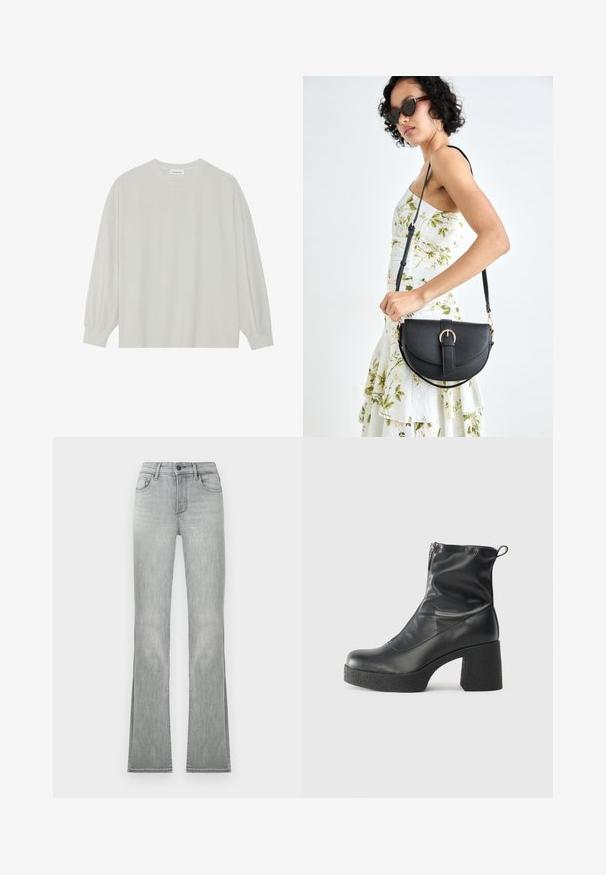 T-shirt à manches longues gris clair en coton doux. Présente une coupe ample, un col rond et des poignets légèrement froncés. Aucun motif ni graphique.; Jean évasé gris clair avec une texture en denim lisse, comportant des poches avant et une fermeture à bouton. L'ourlet a des fentes latérales pour un détail supplémentaire.; Bottes noires à la cheville en cuir lisse, dotées d'une fermeture éclair sur le côté, d'un talon épais texturé et d'une conception à bout rond.; Sac à main en cuir noir avec une forme courbée, bandoulière amovible et des accessoires en or. Le sac est doté d'un rabat avec un détail de boucle.