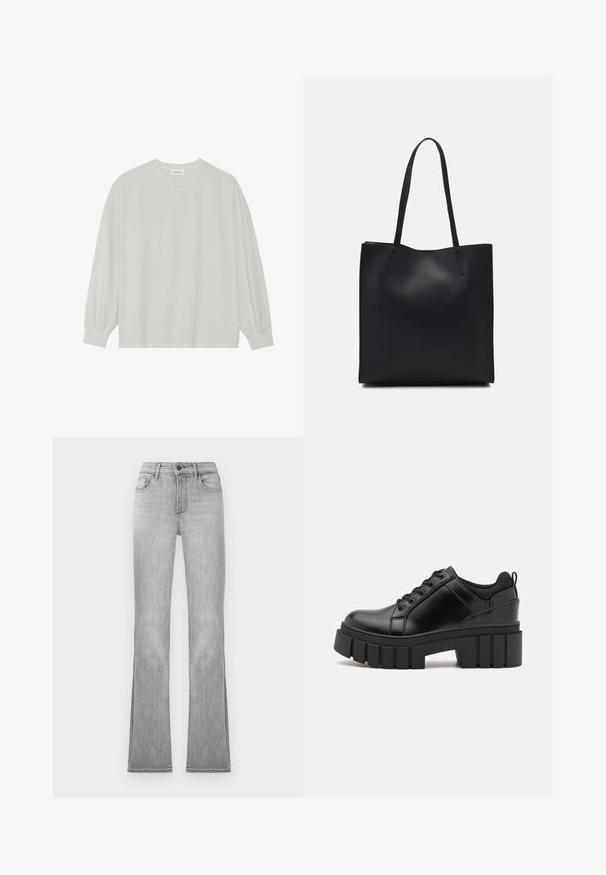 Helles graues Langarm-T-Shirt aus weicher Baumwolle. Mit lockerer Passform, Rundhalsausschnitt und sanft gerafften Bündchen. Keine Muster oder Grafiken.; Hellgraue Schlagjeans mit einer glatten Denim-Oberfläche, ausgestattet mit frontalen Taschen und einem Knopfverschluss. Der Saum hat seitliche Schlitzdetails für zusätzlichen Stil.; Schwarze Lederplateauschuhe mit klobigem Blockabsatz, runder Zehenpartie und traditionellem Schnürdesign. Verfügt über eine glatte Textur und minimale Details.; Schwarze Laptoptasche aus Leder mit glatter Textur, rechteckiger Form und zwei langen Griffen. Keine sichtbaren Beschläge oder Verzierungen.