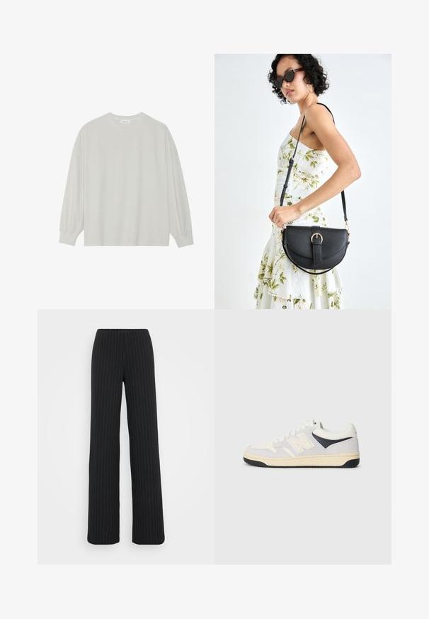 Light gray long-sleeve t-shirt made of soft cotton. Features a loose fit, round neckline, and gently gathered cuffs. No patterns or graphics.; Vero Moda Tall VMBERLIN MY WIDE - Trousers - obsidian/oatmeal; Sport sneaker in white, gray, and black. Features suede and textile materials, perforated toe, and logo on the side. Rubber sole.; Black leather handbag with a curved shape, detachable strap, and gold hardware. The bag features a flap with a buckle detail.