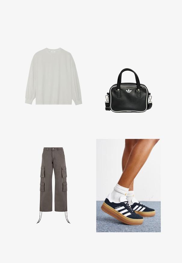 Harmaa pitkähihais t-paita, joka on valmistettu pehmeästä puuvillasta. Ominaisuuksiin kuuluvat rento istuvuus, pyöreä kaula-aukko ja hienosti rypytetyt hihansuut. Ei kuvioita tai grafiikkaa.; Tummanharmaat cargo-housut, valmistettu kestävästä kankaasta. Ominaisuuksiin kuuluvat kuusi taskua, leveät lahkeet ja säädettävät nyörit helmassa.; Musta mokkanahkainen tennari, jossa valkoiset raidat ja yksityiskohdat, pyöreä kärki, purukumipohja, yhdistetty valkoisiin ribbineuleisiin nilkkasukkiin.; Musta nahkainen käsilaukku, jossa on kaksi lyhyttä kahvaa, hopeiset yksityiskohdat, valkoiset tehosteet ja valkoinen logo. Sisältää teksturoidun pinnan ja kompaktin muotoilun.