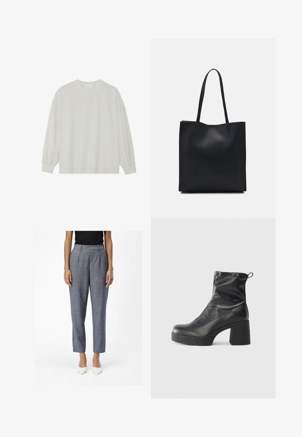 Hele halli pikkade varrukatega T-särk, mis on valmistatud pehmest puuvillast. Omab vaba lõiget, ümmargust kaelust ja õrnalt kogutud varrukaotsi. Muster ja graafika puuduvad.; Hallid reguleeritud püksid tekstuurse viimistlusega, kõrge vöökoht, küljetaskud ja kitsad, lühikesed säärtega. Valged terava ninaga kontsad täiustavad riietust.; Mustad mustad ansapüksid, mis on valmistatud siledast nahast, külje zipperiga, paksu tekstuuriga kontsaga ja ümmarguse nina disainiga.; Mustast nahast kott sujuva tekstuuriga, ristkülikukujuline ja kahe pika sangaga. Pole nähtavat riistvara ega kaunistusi.