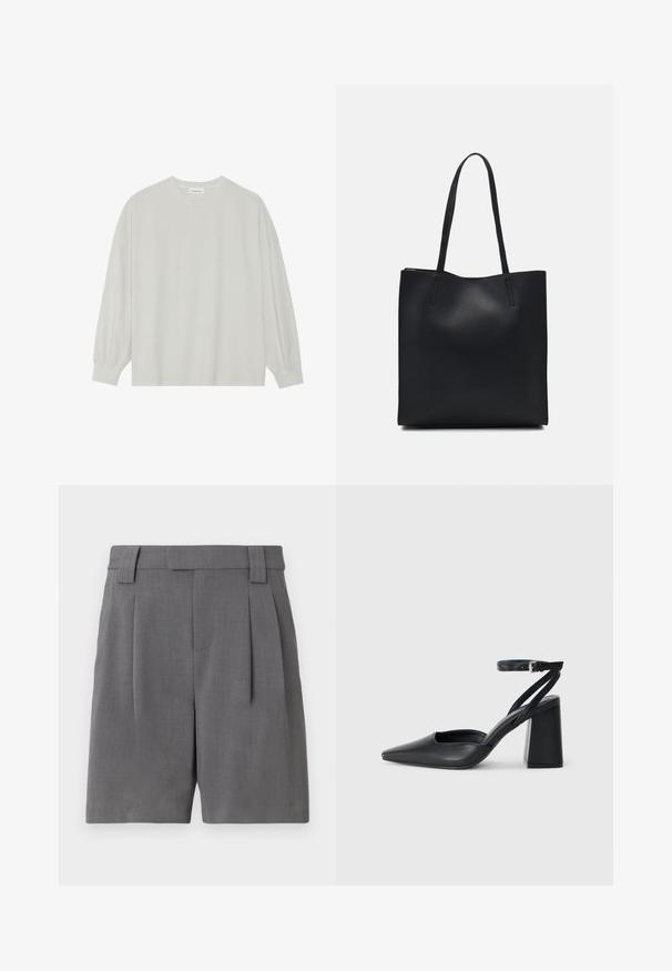 Světle šedé tričko s dlouhým rukávem vyrobené z měkké bavlny. Má volný střih, kulatý výstřih a jemně nařasené manžety. Bez vzorů nebo grafik.; Šedé kalhoty na míru, vyrobené z jemně strukturované tkaniny. Mají přední sklady, poutka na opasek a boční kapsy pro vysoce formální vzhled.; Černé kožené lodičky se špičatou špičkou, kotníkovým páskem a silným podpatkem. Hladká textura, elegantní design a minimalistická estetika.; Černá kožená taška přes rameno s hladkým povrchem, obdélníkovým tvarem a dvěma dlouhými uchy. Žádné viditelné kování ani ozdoby.