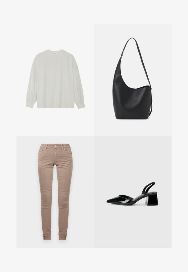 Šviesiai pilkas ilgomis rankovėmis marškinėliai, pagaminti iš minkštos medvilnės. Sukurtas laisvam prigludimui, apvaliu iškirpimu ir švelniai susigūžusiomis rankovėmis. Be raštų ar piešinių.; Lieknos kelnės šviesiai rudo audinio, turinčios klasikinį penkių kišenių dizainą, užtrauktuką ir subtilų tekstūrinį paviršių.; Juodos lakuotos odinės šlepetės su smailiu pirštu ir geometriniu bloko kulnu. Turi elegantišką, minimalistinį dizainą ir lygų paviršių.; Juodas odinis hobo maišas su lygiu paviršiumi, kreipta forma ir viena reguliuojama rankena; turi platų atidarymą viršuje.