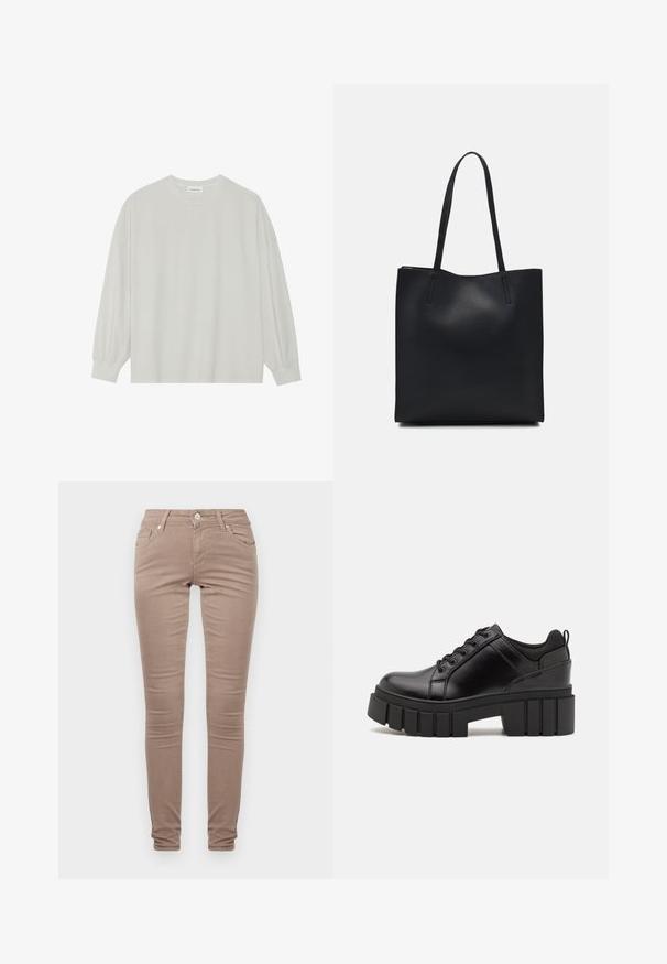 Ανοιχτό γκρι μακρυμάνικη μπλούζα φτιαγμένη από μαλακό βαμβάκι. Έχει χαλαρή εφαρμογή, στρογγυλή λαιμόκοψη και ελαφρώς συγκεντρωμένα μανίκια. Χωρίς σχέδια ή γραφικά.; Λεπτά παντελόνια από ελαφρύ καφέ ύφασμα, με κλασικό σχέδιο πέντε τσεπών, φερμουάρ και διακριτική υφή.; Μαύρα δερμάτινα παπούτσια πλατφόρμας με παχύ μπλοκ τακούνι, στρογγυλή μύτη και παραδοσιακό σχέδιο δέσιμο. Διαθέτουν λεία υφή και ελάχιστες λεπτομέρειες.; Μαύρη δερμάτινη τσάντα tote με λείο υφή, ορθογώνιο σχήμα και δύο μακριές λαβές. Χωρίς ορατό υλικό ή διακοσμητικά στοιχεία.
