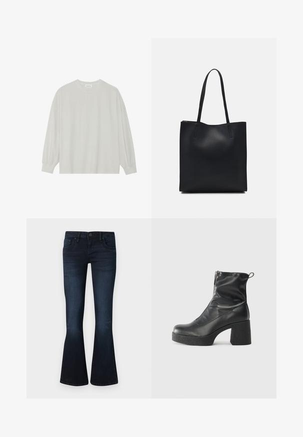 Lys grå langermet t-skjorte laget av myk bomull. Har en løs passform, rund hals og forsiktig samlet mansjetter. Ingen mønstre eller grafikk.; Mørkeblå buksejeans for kvinner i bootcut-stil med frontknapp, fem lommer og lett falming på lår og knær mot en ensfarget bakgrunn.; Svarte ankelstøvler laget av glatt lær, med glidelås på siden, chunky strukturert hæl, og rund tå-design.; Svart lær tote bag med glatt tekstur, rektangulær form og to lange håndtak. Ingen synlige deler eller dekorasjoner.