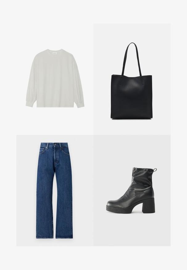 Svijetlosivi majica s dugim rukavima od mekane pamučne tkanine. Ima slobodan kroj, okrugli izrez i blago nabrane manžete. Bez uzoraka ili grafika.; Široke plave traperice s izblijedjelim efektom, s kopčanjem na dugme, petljicama za pojas i pet džepova za pohranu.; Crne gležnjače od glatke kože, s bočnim zatvaračem, debelim teksturiranim potplatom i dizajnom s zaobljenim prstima.; Crna kožna torba za nošenje s glatkom teksturom, pravokutnim oblikom i dvije duge ručke. Nema vidljivih metalnih dijelova ili ukrasa.