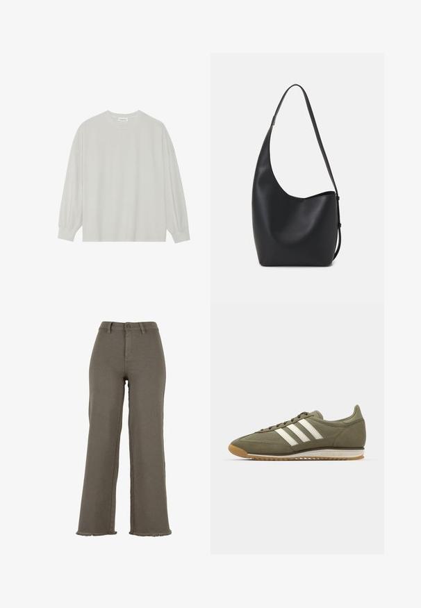Lys grå langermet t-skjorte laget av myk bomull. Har en løs passform, rund hals og forsiktig samlet mansjetter. Ingen mønstre eller grafikk.; Olivenfargede vidbukser laget av denim, med knappelukking, frynsede kanter og frontlommer. Jevn tekstur hele veien.; Grønn semsket sneakers med mesh-paneler, tre hvite striper og såle av naturgummi. Har runde snører og en lavprofil-design.; Svart lær hobo-veske med glatt tekstur, buet form og enkelt justerbart stropp; har en bred åpning på toppen.
