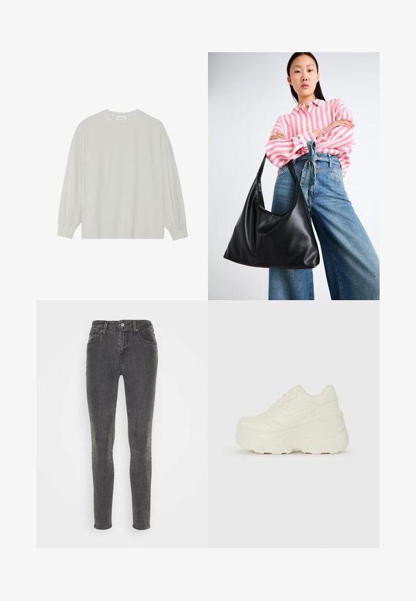 Világosszürke, hosszú ujjú póló, puha pamutból készült. Szabad, laza szabású, kerek nyakkivágással és finoman ráncolt mandzsettával rendelkezik. Nincs rajta minta vagy grafikák.; Sötét szürke farmer skinny farmernadrág, klasszikus öt zsebes kialakítással, övakasztókkal és gombos záródással. Simás textúra, enyhe kopásnyomokkal.; Fehér platform sportcipők, sima bőrszerű felsőrésszel, kerek formával, párnázott bokával és texturált gumitalppal, jól definiált mintázattal.; Fekete bőr válltáska, laza formával és varrás részletekkel. A model egy rózsaszín és fehér csíkos inget visel széles szárú kék farmernadrággal.