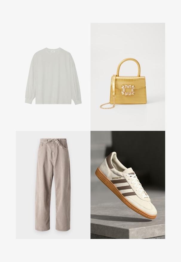 Light gray long-sleeve t-shirt made of soft cotton. Features a loose fit, round neckline, and gently gathered cuffs. No patterns or graphics.; Beige corduroy trousers with a loose fit, featuring a drawstring waist, two front pockets, and vertical ribbed texture.; White suede sneaker with brown leather accents, three brown stripes, and white laces. Features a textured gum sole and gold "SPEZIAL" logo.; Yellow faux-crocodile handbag with a structured design, top handle, detachable chain strap, and decorative crystal embellishment on the clasp.