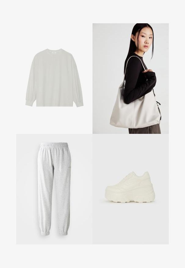 Svetlošedé tričko s dlhým rukávom vyrobené z jemnej bavlny. Má voľný strih, okrúhly výstrih a jemne náramkové manžety. Bez vzorov alebo grafiky.; Svetlo šedé tepláky vyrobené z mäkkej tkaniny, s elastickým pásom a zúženými manžetami. Žiadne ďalšie vzory ani detaily.; Biele platformové tenisky s hladkým koženkovým svrchným materiálom, zaobleným tvarom, polstrovaným golierom a textúrovanou gumovou podrážkou s výrazným vzorom.; Béžová kabelka vyrobená z mäkkého materiálu, s uvoľneným dizajnom, prišitými detailmi a dvoma popruhmi na nosenie na pleciach. Vhodná na každodenné nosenie.