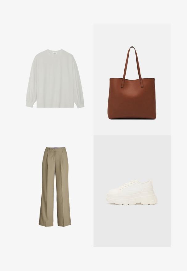 Svetlošedé tričko s dlhým rukávom vyrobené z jemnej bavlny. Má voľný strih, okrúhly výstrih a jemne náramkové manžety. Bez vzorov alebo grafiky.; Béžové nohavice s širokými nohavicami a vysokým pásom, prednými záhybmi a hladkou textúrou látky. Klasický dizajn s upraveným vzhľadom.; Biele plátené tenisky s hrubou podrážkou, zaoblenou špičkou a piatimi očkami na šnúrky. Zadný popruh pre jednoduché obúvanie. Hladká textúra, minimalistický dizajn.; Hnedá kožená taška na rameno s hladkou textúrou, otvoreným vrchom a dvoma ramenými popruhmi. Má minimálne šitia a žiadne viditeľné kovania.