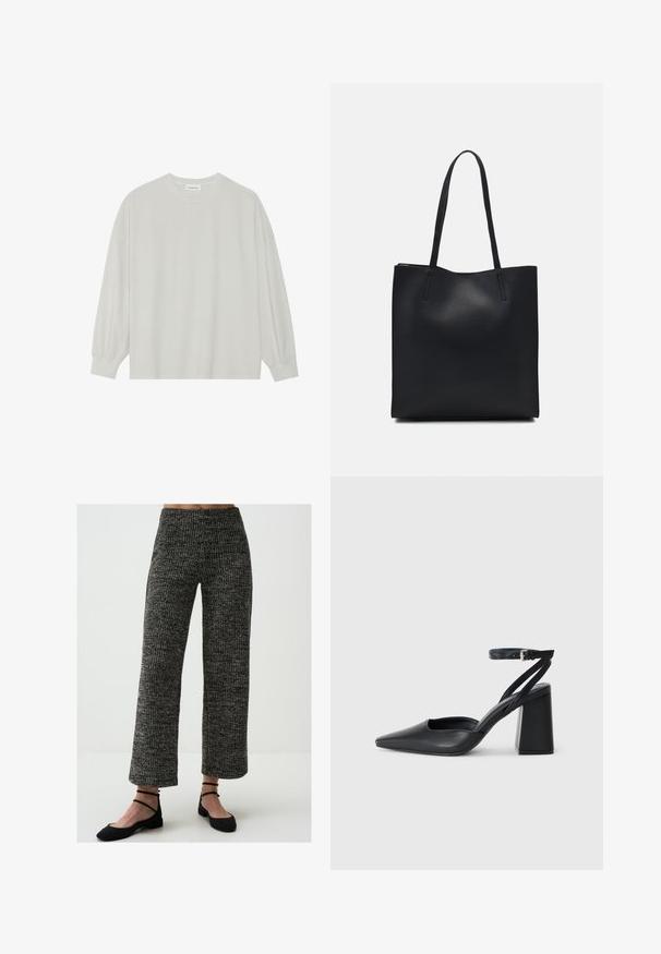 Light gray long-sleeve t-shirt made of soft cotton. Features a loose fit, round neckline, and gently gathered cuffs. No patterns or graphics.; Wide-leg, knitted trousers in a black and white pattern. Features a high waist and ribbed texture. Paired with black flat shoes.; Black leather pointy-toe pump with an ankle strap and a chunky heel. Flat texture, sleek design, and minimalistic aesthetics.; Black leather tote bag with smooth texture, rectangular shape, and two long handles. No visible hardware or embellishments.