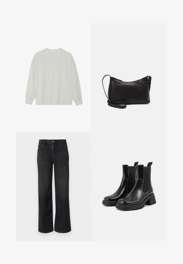 Hele halli pikkade varrukatega T-särk, mis on valmistatud pehmest puuvillast. Omab vaba lõiget, ümmargust kaelust ja õrnalt kogutud varrukaotsi. Muster ja graafika puuduvad.; Laiene säärega mustad denim püksid klassikalises lõikes, millel on lukuga säär ja nööpkinnitus ning viie tasku disain. Peened pleekimise ja õmblemise detailid.; Must musta Chelsea saapad, millel on paks konts, elastsed külgpaneelid ja kontrastne valge õmblus. Tekstuuriga viimistlus.; Mustmust nahk õlakotil on sile tekstuur, kumer kuju, reguleeritav rihm ja lukuga sulgemine. Minimalistlik disain ilma kaunistusteta.