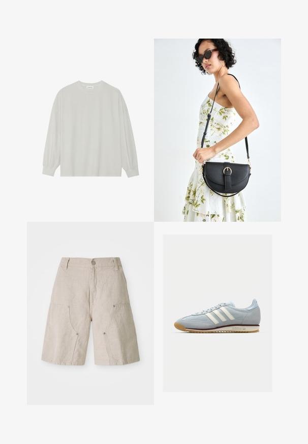 Light gray long-sleeve t-shirt made of soft cotton. Features a loose fit, round neckline, and gently gathered cuffs. No patterns or graphics.; Beige linen shorts with a relaxed fit, featuring two front pockets and circular metal accents. Casual design with a textured finish.; Light blue suede sneaker with white three stripes, rubber sole, and textured mesh. Features a smooth toe cap and branding on the heel.; Black leather handbag with a curved shape, detachable strap, and gold hardware. The bag features a flap with a buckle detail.