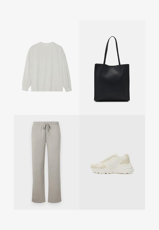 Šviesiai pilkas ilgomis rankovėmis marškinėliai, pagaminti iš minkštos medvilnės. Sukurtas laisvam prigludimui, apvaliu iškirpimu ir švelniai susigūžusiomis rankovėmis. Be raštų ar piešinių.; Šviesiai pilki sportiniai kelnaičiai pagaminti iš švelnios medvilnės mišinio, turintys elastinę juostą su reguliuojama raišteliu ir tiesius sijonus.; Baltos sportinės bateliai su storu padu, pagaminti iš tinklelio ir zomšos, su apvaliu priekiniu kraštu ir raištelių užsegimu. Paprasti, minimalistiniai akcentai.; Juodas odinis tote krepšys su lygia tekstūra, stačiakampio formos ir dviem ilgais rankenomis. Matomų metalinių detalių ar puošybos nėra.