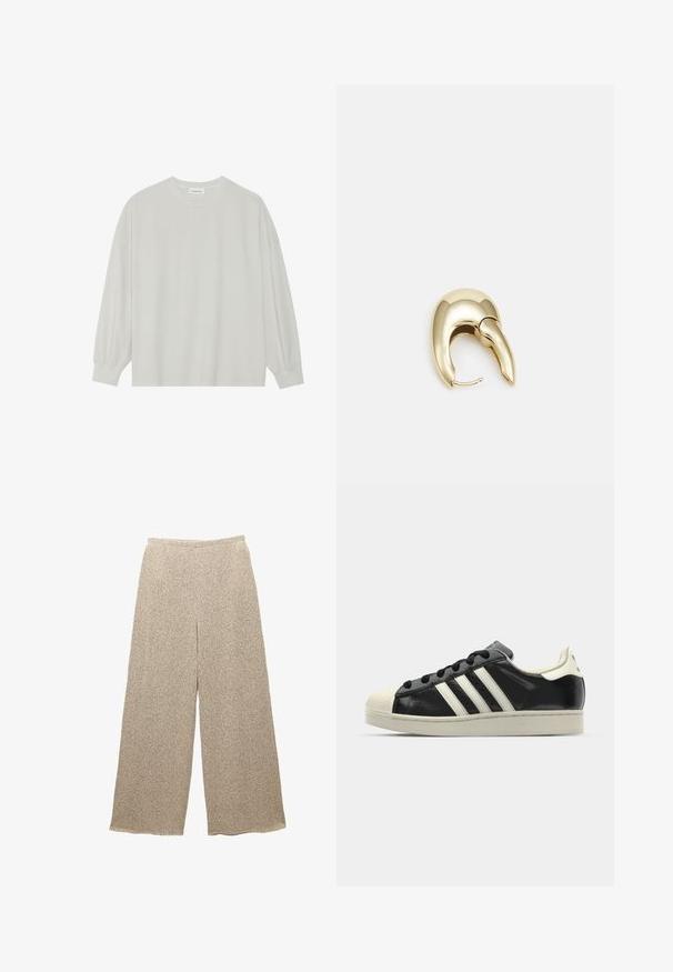 Harmaa pitkähihais t-paita, joka on valmistettu pehmeästä puuvillasta. Ominaisuuksiin kuuluvat rento istuvuus, pyöreä kaula-aukko ja hienosti rypytetyt hihansuut. Ei kuvioita tai grafiikkaa.; Vaaleanbeige leveälahkeiset housut, jotka on valmistettu teksturoidusta kankaasta, jossa on hienovarainen kuosi. Housuissa on rento vyötärö ja väljää istuvuutta, mikä tarjoaa mukavuutta ja vaivattomuutta.; Musta nahkasneakeri, jossa on valkoiset raidat, kuminen varvassuoja, mustat nauhat ja kermaisa ulkopohja. Suora pinta ja kiiltävä viimeistely.; Kultahipuinen korvakoru, jossa on sulavalinjainen, kaareva muotoilu. Ominaisuuksiin kuuluu erottuva terävä muoto, kiillotettu pinta ja sarana kiinnitys.