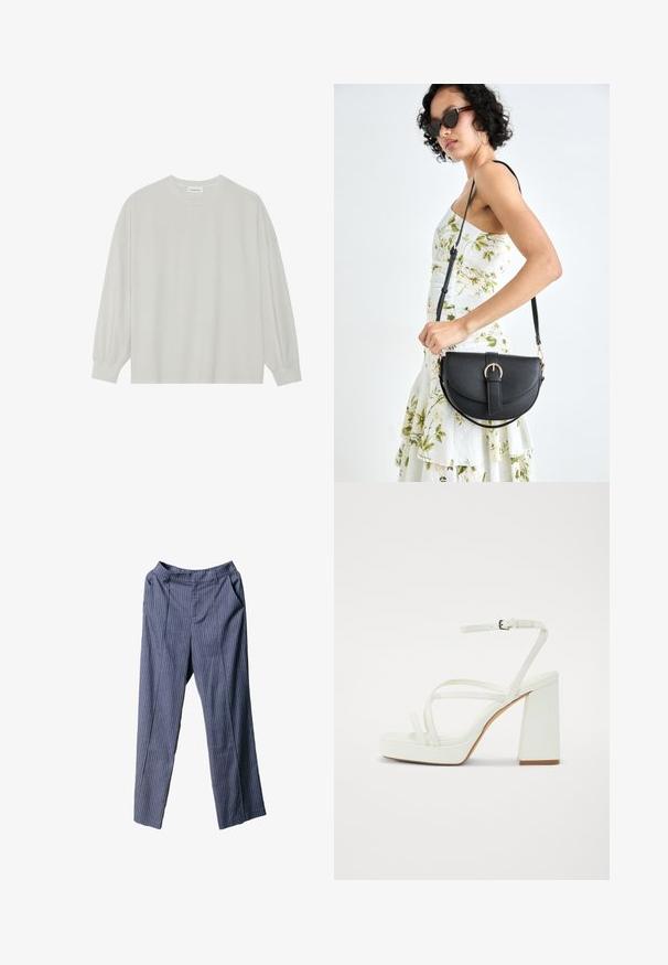 Svijetlosivi majica s dugim rukavima od mekane pamučne tkanine. Ima slobodan kroj, okrugli izrez i blago nabrane manžete. Bez uzoraka ili grafika.; Pantalone u mornarsko plavim prugama s opuštenim krojem, elastičnim pojasom, bočnim džepovima i glatkom, laganom tkaninom.; Bijele platforme sandale s debelim blok petom, s više tankih remenja i podesivim remenom oko gležnja. Glatki sintetički materijal.; Crna kožna torba s lukovitim oblikom, odvojivim remenom i zlatnim detaljima. Torba ima preklop s kopčom.
