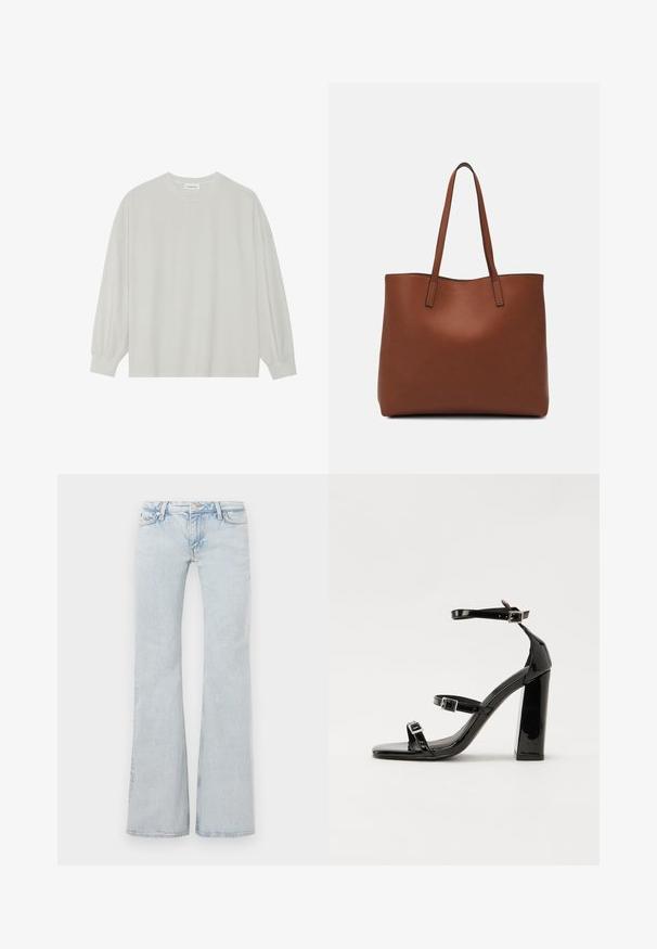 Šviesiai pilkas ilgomis rankovėmis marškinėliai, pagaminti iš minkštos medvilnės. Sukurtas laisvam prigludimui, apvaliu iškirpimu ir švelniai susigūžusiomis rankovėmis. Be raštų ar piešinių.; Šviesiai mėlyni plačios kojos džinsai, pagaminti iš džinsinio audinio. Su metaliniu mygtuku juosmens srityje, penkių kišenių dizainu ir subtiliu nusidėvėjimu visame paviršiuje.; Juoda blizgi lakuota basutė su kvadratiniu pirštu, kulkšnies dirželiais ir sidabro sagtimis. Yra tvirta blokinė kulno konstrukcija, užtikrinanti stabilumą.; Ruda odinė priekabų krepšys su glotnia tekstūra, atviru viršumi ir dviem petnešomis. Su minimalia siuvimo detalėmis ir nematoma aparatūra.