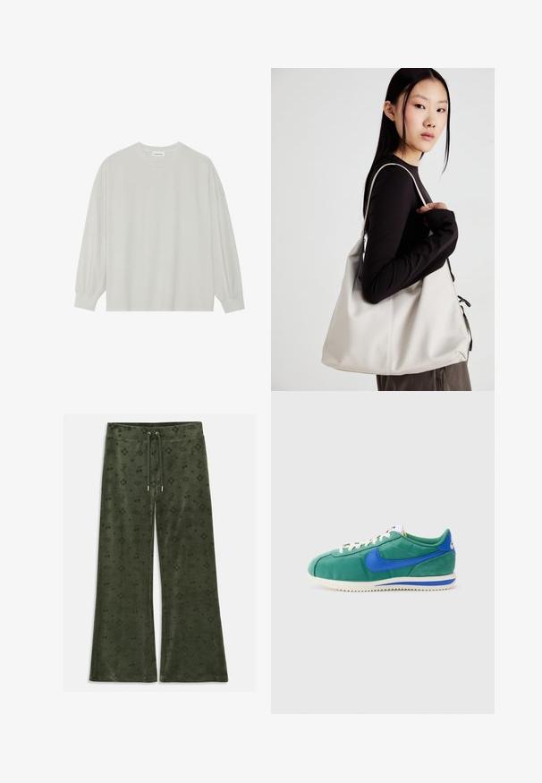 Jasnoszara, długorękawowa koszulka z miękkiej bawełny. Posiada luźny krój, okrągły dekolt oraz delikatnie marszczone mankiety. Brak wzorów i grafik.; Zielone spodnie z weluru o rozszerzanym kroju, z wzorem w całej powierzchni obejmującym korony, wiśnie, serca i logo, z wiązaniem w talii.; Zielone i niebieskie sneakersy Nike, z gładką cholewką, zamszowymi akcentami, białymi sznurówkami i teksturowaną gumową podeszwą o klasycznym wyglądzie.; Beżowa torebka wykonana z miękkiego materiału, charakteryzująca się luźnym fasonem, wyszywanymi detalami i dwoma uchwytami na ramię. Idealna na co dzień.