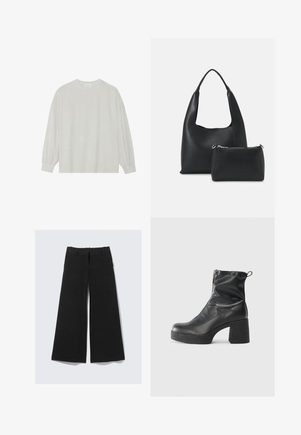 Ljusgrå långärmad t-shirt i mjuk bomull. Har en lös passform, rund halsringning och lätt rynkade ärmslut. Utan mönster eller grafik.; Svarta vida byxor med en slät textur, utrustade med platt front, bältesöglor och sidfickor. Designen ger en lös passform.; Svarta ankelstövlar i slitstark läder, med sidodragkedja, kraftig strukturerad klack och rundad tådesign.; Even&Odd Handväska - black